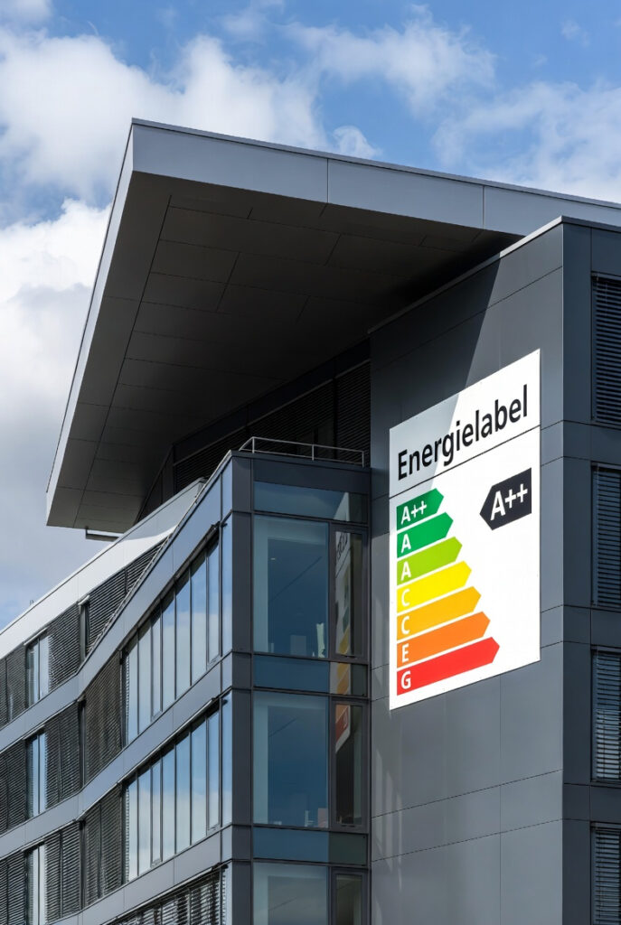 Kantoorpand met zichtbaar energielabel aan de gevel